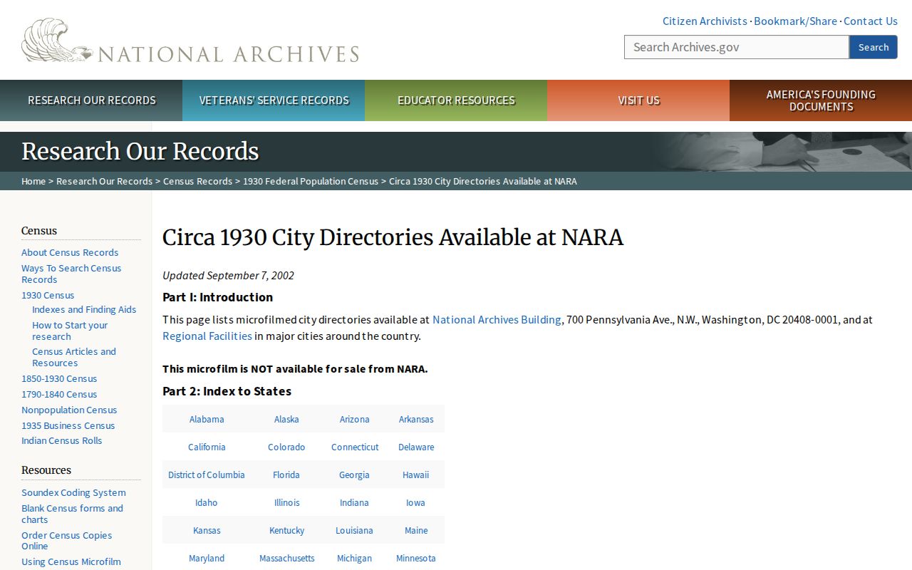 National Archives page listing Lake Charles city directory holdings for census research