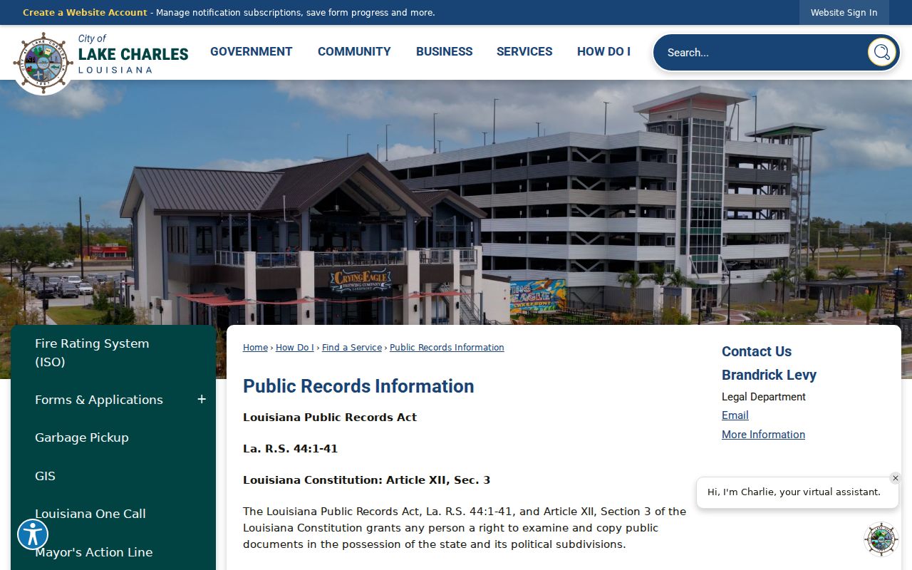 City of Lake Charles public records request information