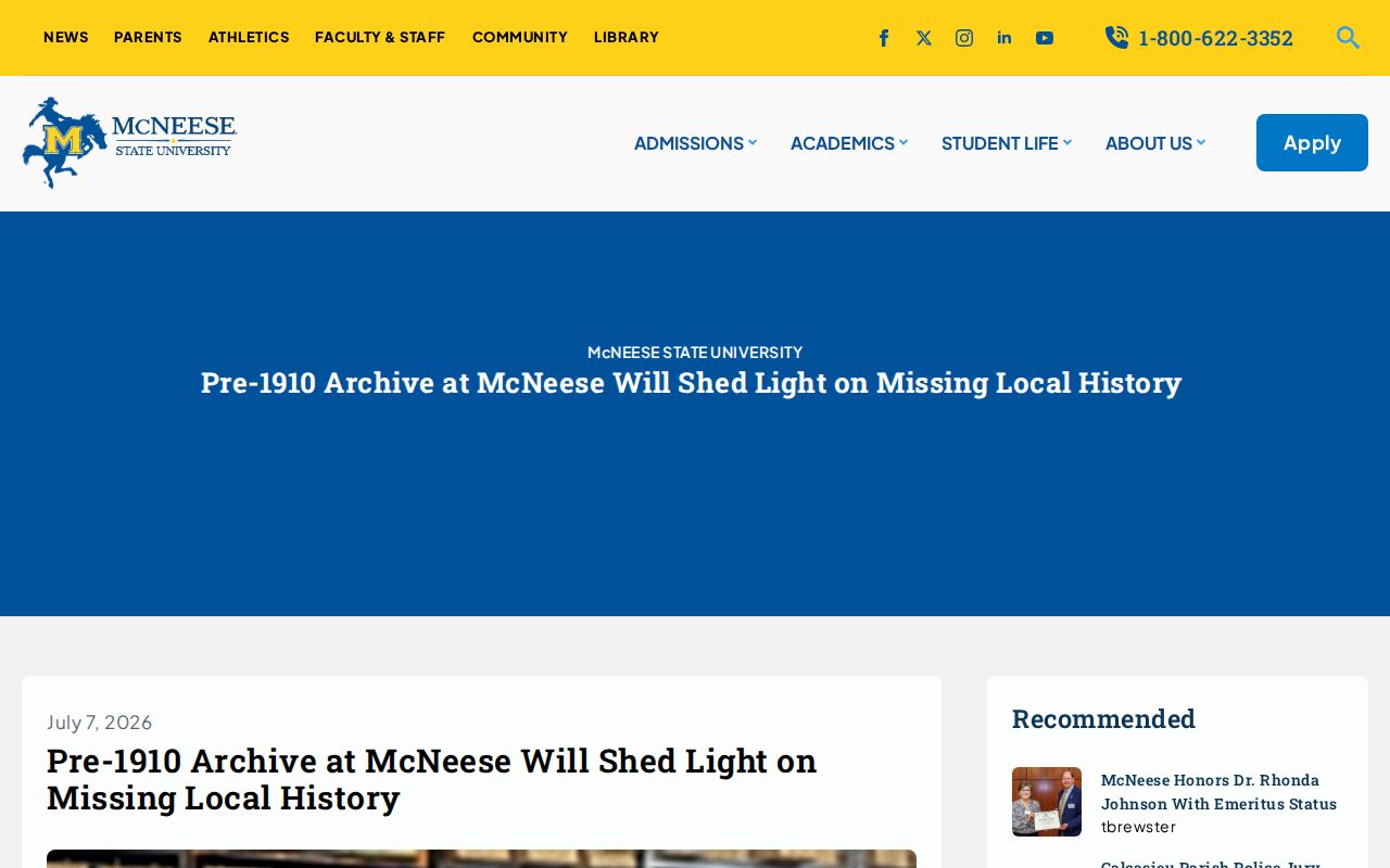 McNeese announcement for pre-1910 Lake Charles courthouse and title records