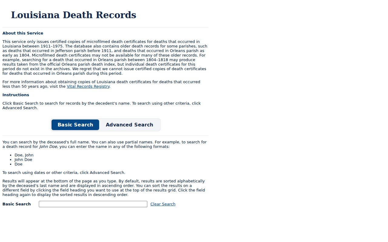 Louisiana State Archives historical death index search