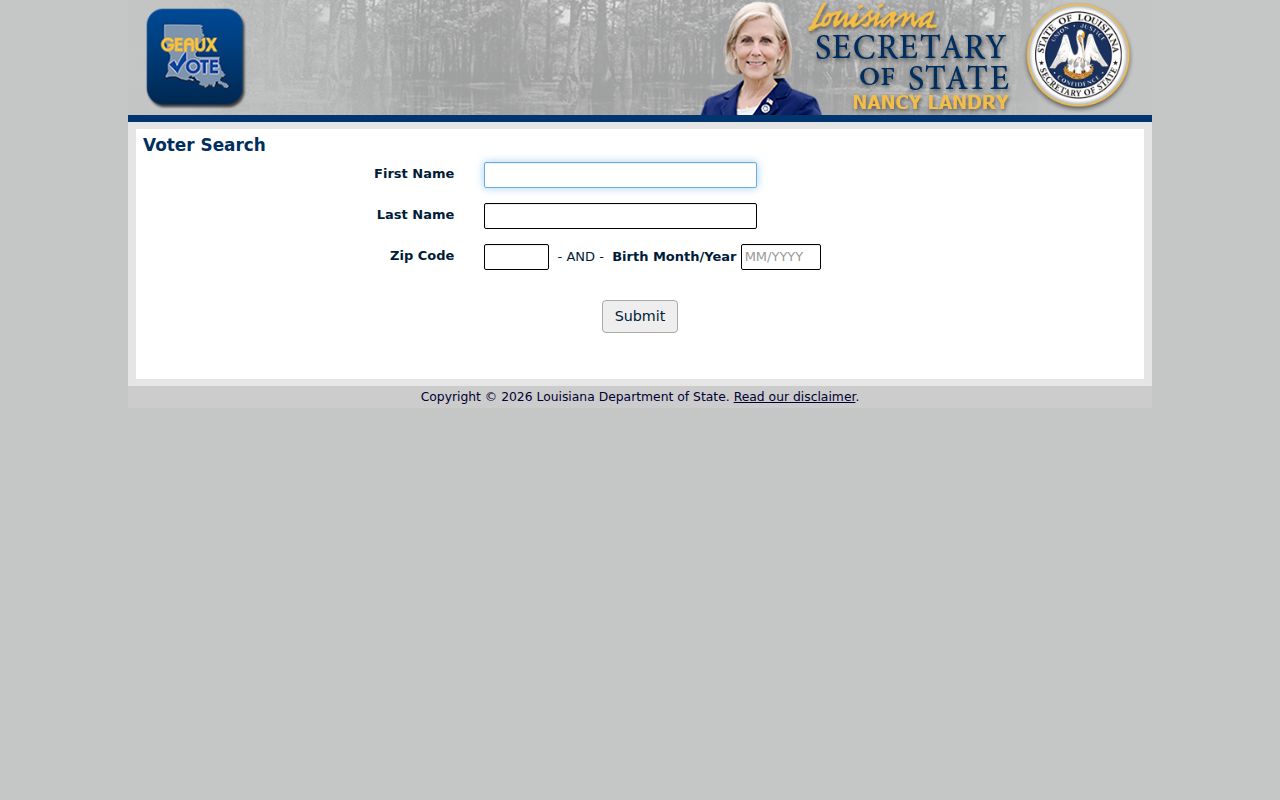 Lake Charles resident lookup voter name and ZIP form
