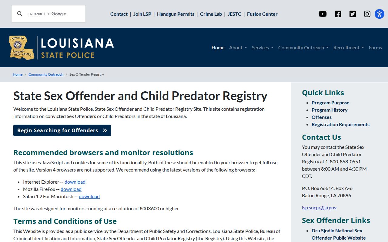 Lake Charles resident lookup Louisiana registry page