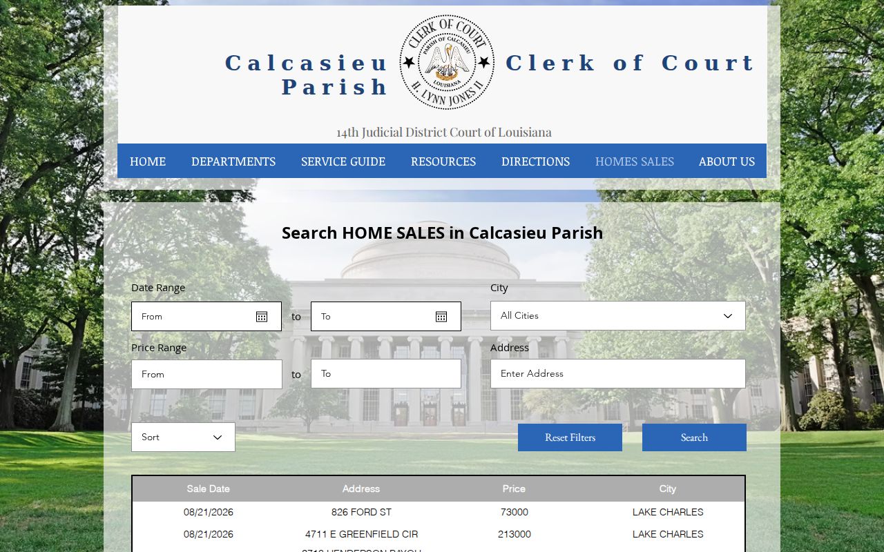 Calcasieu Clerk home sales filters for Lake Charles addresses