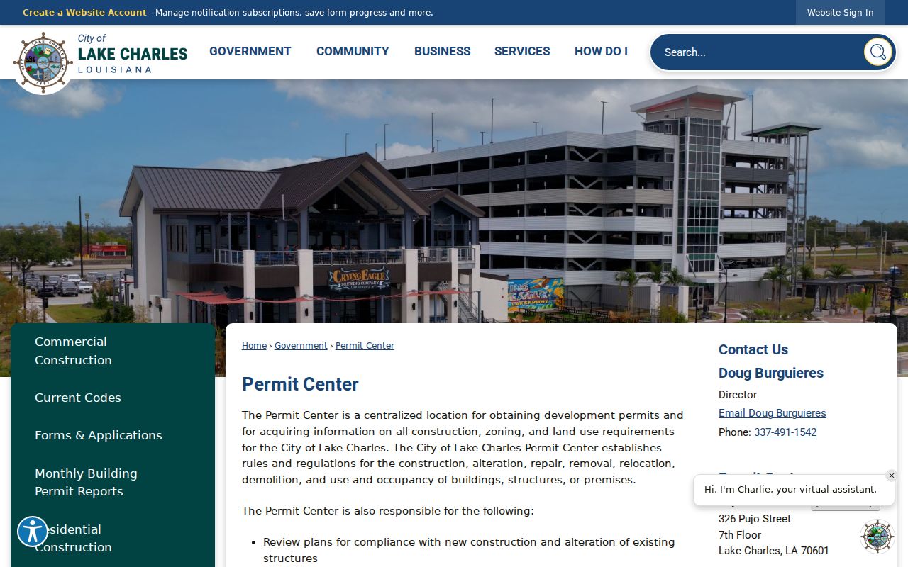 Lake Charles Permit Center permits zoning and inspections page