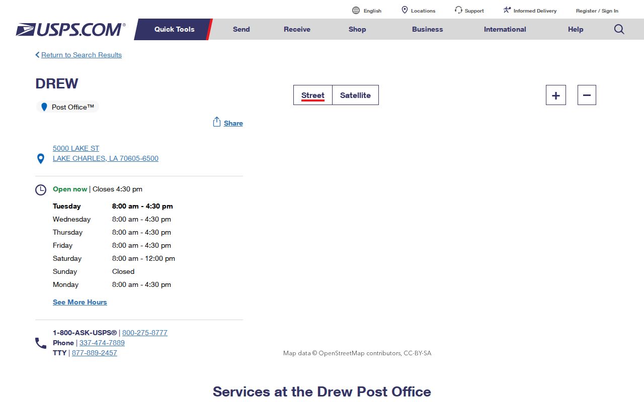USPS details for Drew Post Office in the Lake Charles 70605 postal area