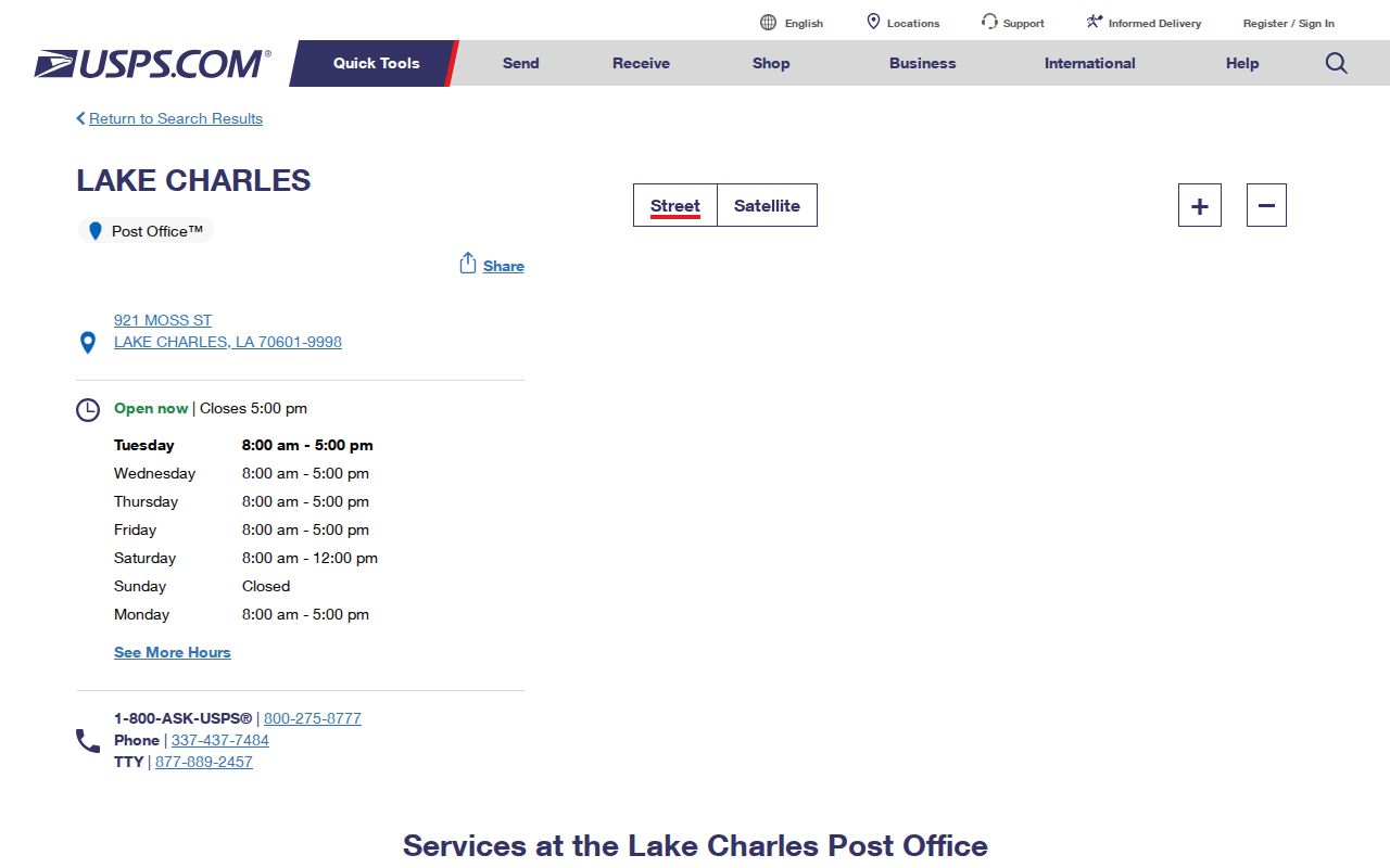 USPS details for the Lake Charles Post Office serving ZIP 70601