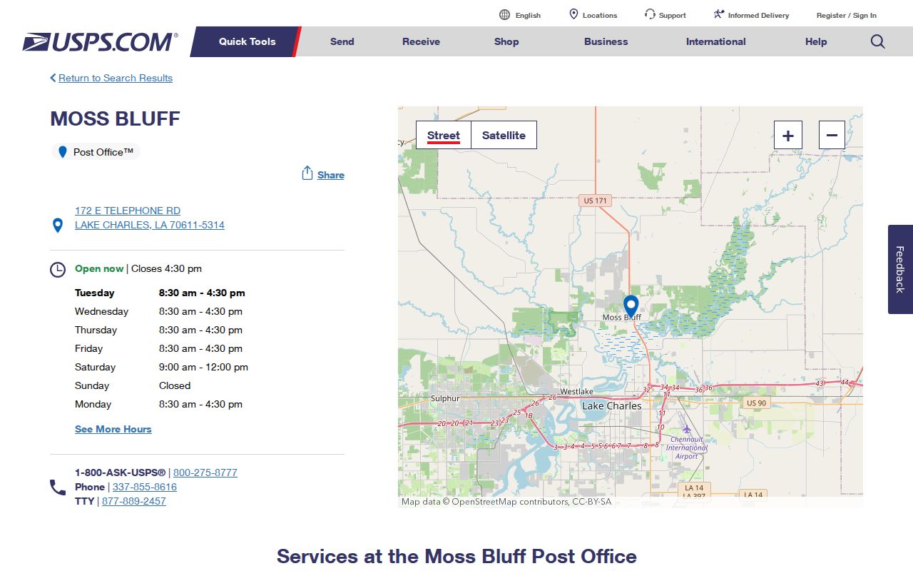 USPS Moss Bluff Post Office details for ZIP 70611 near Lake Charles
