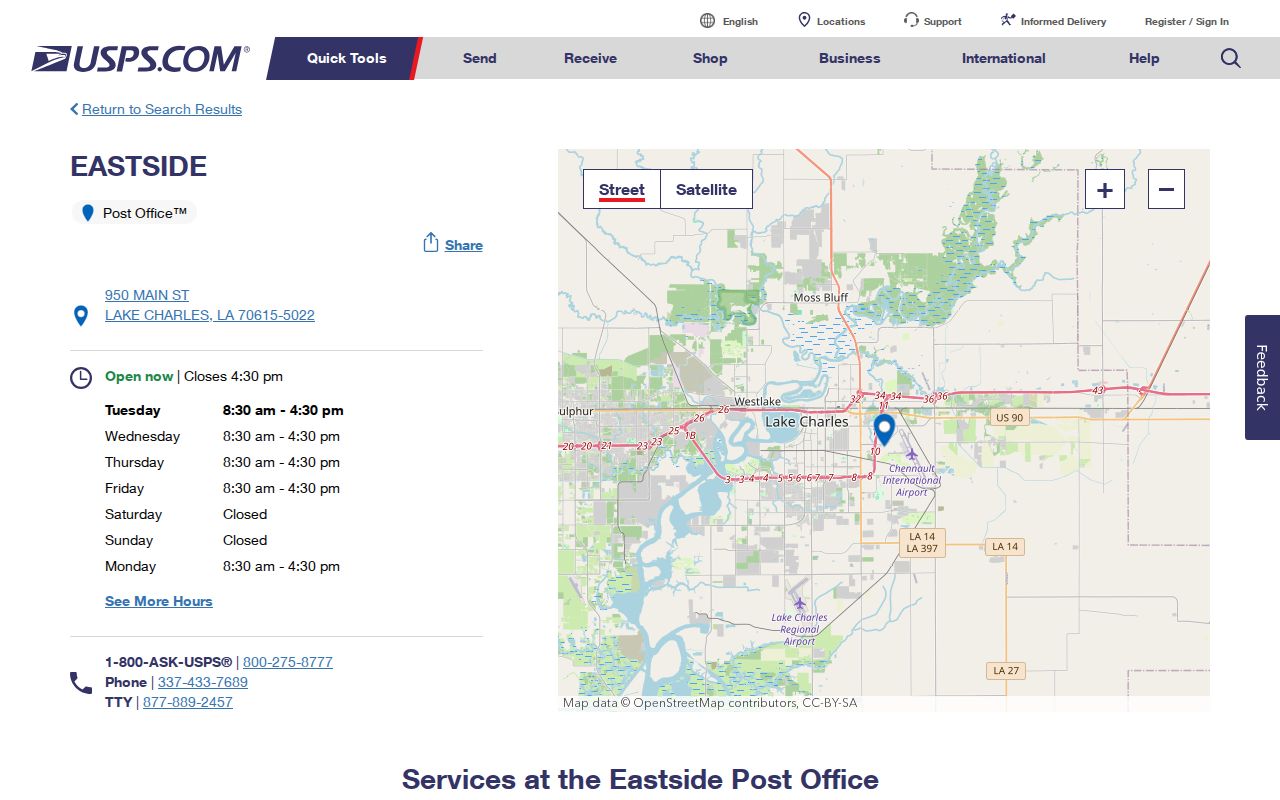USPS Eastside Post Office details for Lake Charles ZIP 70615